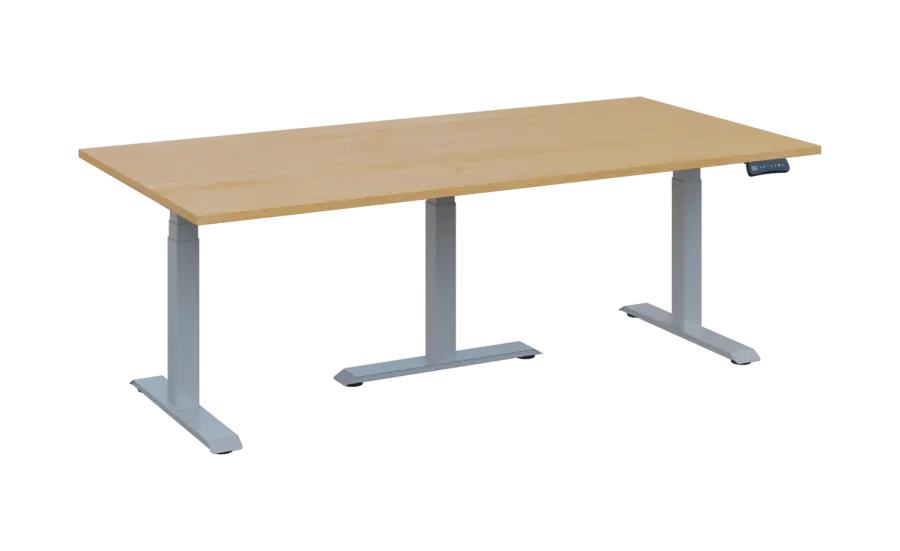 FLEXIMEET 200-100 výškově nastavitelný stůl, kovová podnož stříbrná, deska 25 mm, široký 2000 mm, javor horský